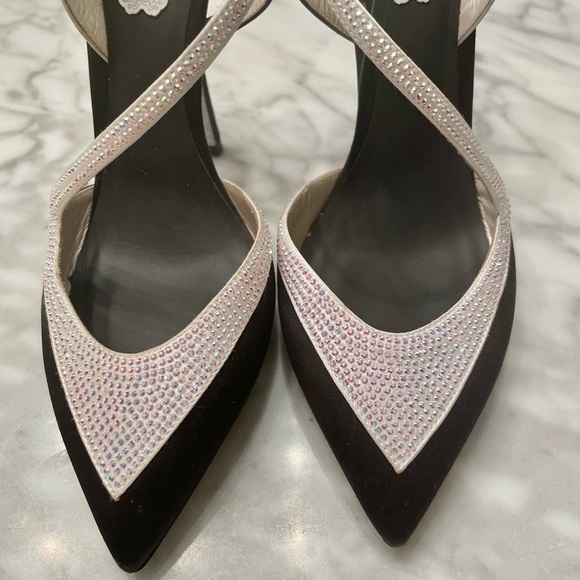 Rene Caovilla Asymmetric Satin Sling Back in Black & White - Picture 3 of 7